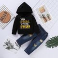 2pcs Baby Boy 95% Cotton Long-sleeve Letter Print Hoodie and Ripped Jeans Set Black image 1