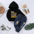 2pcs Baby Boy 95% Cotton Long-sleeve Letter Print Hoodie and Ripped Jeans Set Black