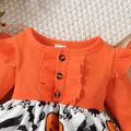 Halloween 2pcs Baby Girl 95% Cotton Long-sleeve Rib Knit Ruffle Trim Spliced Allover Print Dress with Headband Set Orange