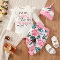 3pcs Baby Girl 95% Cotton Long-sleeve Letter Print Rib Knit Romper and Allover Floral Print Pants with Hat Set White