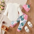 3pcs Baby Girl 95% Cotton Long-sleeve Letter Print Rib Knit Romper and Allover Floral Print Pants with Hat Set White