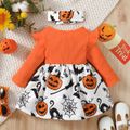 Halloween 2pcs Baby Girl 95% Cotton Long-sleeve Rib Knit Ruffle Trim Spliced Allover Print Dress with Headband Set Orange