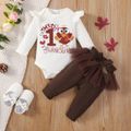 Thanksgiving Day 2pcs Baby Girl 95% Cotton Ruffle Long-sleeve Turkey & Letter Print Romper and Bow Front Mesh Pants Set White image 1