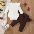 Thanksgiving Day 2pcs Baby Girl 95% Cotton Ruffle Long-sleeve Turkey & Letter Print Romper and Bow Front Mesh Pants Set White image 2
