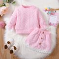 2pcs Baby Girl Lace Spliced Pink Textured Long-sleeve Pullover and Button Front Skirt Set Pink