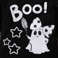 Halloween 2pcs Baby Girl 95% Cotton Black Ruffle Trim Long-sleeve Graphic Romper and Polka Dot Print Flared Pants Set Black