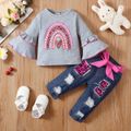 2pcs Baby Girl 95% Cotton Bell-sleeve Rainbow Print Top and Belted Ripped Jeans Set Grey image 1