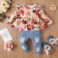 2pcs Baby Girl 95% Cotton Ripped Jeans and Allover Rose Floral Print Long-sleeve Top Set Multi-color image 1
