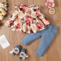 2pcs Baby Girl 95% Cotton Ripped Jeans and Allover Rose Floral Print Long-sleeve Top Set Multi-color