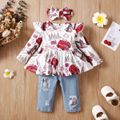 3pcs Baby Girl 95% Cotton Ripped Jeans and Allover Print Ruffle Trim Long-sleeve Top with Headband Set HS