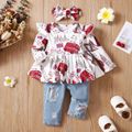 3pcs Baby Girl 95% Cotton Ripped Jeans and Allover Print Ruffle Trim Long-sleeve Top with Headband Set HS