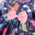 2pcs Baby Girl 95% Cotton Ripped Jeans and Allover Dinosaur Print Ruffle Bow Front Long-sleeve Top Set Multi-color image 5