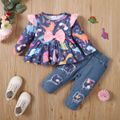 2pcs Baby Girl 95% Cotton Ripped Jeans and Allover Dinosaur Print Ruffle Bow Front Long-sleeve Top Set Multi-color image 2