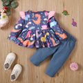 2pcs Baby Girl 95% Cotton Ripped Jeans and Allover Dinosaur Print Ruffle Bow Front Long-sleeve Top Set Multi-color image 3