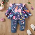 2pcs Baby Girl 95% Cotton Ripped Jeans and Allover Dinosaur Print Ruffle Bow Front Long-sleeve Top Set Multi-color image 1