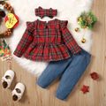 3pcs Baby Girl 95% Cotton Ruffle Long-sleeve Plaid Top and Ripped Jeans Set PLAID image 2