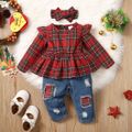 3pcs Baby Girl 95% Cotton Ruffle Long-sleeve Plaid Top and Ripped Jeans Set PLAID image 1