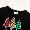 Christmas 2pcs Baby Girl 95% Cotton Bell-sleeve Xmas Tree & Letter Print Top and Red Plaid Layered Flared Pants Set Black image 4