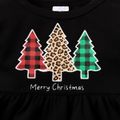Christmas 2pcs Baby Girl 95% Cotton Bell-sleeve Xmas Tree & Letter Print Top and Red Plaid Layered Flared Pants Set Black