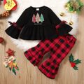 Christmas 2pcs Baby Girl 95% Cotton Bell-sleeve Xmas Tree & Letter Print Top and Red Plaid Layered Flared Pants Set Black image 1