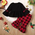 Christmas 2pcs Baby Girl 95% Cotton Bell-sleeve Xmas Tree & Letter Print Top and Red Plaid Layered Flared Pants Set Black image 2