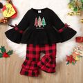 Christmas 2pcs Baby Girl 95% Cotton Bell-sleeve Xmas Tree & Letter Print Top and Red Plaid Layered Flared Pants Set Black