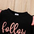 3pcs Baby Girl 95% Cotton Ruffle Long-sleeve Letter Print Tee and Allover Heart Graphic Layered Flared Pants with Headband Set Black image 3