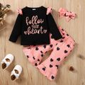 3pcs Baby Girl 95% Cotton Ruffle Long-sleeve Letter Print Tee and Allover Heart Graphic Layered Flared Pants with Headband Set Black image 1