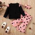 3pcs Baby Girl 95% Cotton Ruffle Long-sleeve Letter Print Tee and Allover Heart Graphic Layered Flared Pants with Headband Set Black