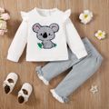 2pcs Baby Girl 95% Cotton Ruffle Long-sleeve Koala Embroidered Patched Sweatshirt and Pants Set White image 1
