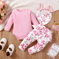 3pcs Baby Girl Pink Ribbed Long-sleeve Romper and Allover Butterfly & Floral Print Ruffle Pants with Bib Set Pink image 3