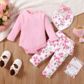 3pcs Baby Girl Pink Ribbed Long-sleeve Romper and Allover Butterfly & Floral Print Ruffle Pants with Bib Set Pink image 1