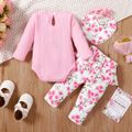 3pcs Baby Girl Pink Ribbed Long-sleeve Romper and Allover Butterfly & Floral Print Ruffle Pants with Bib Set Pink image 2