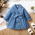 Baby Girl Blue Imitation Denim Lapel Collar Double Breasted Belted Trench Coat Dress Blue image 1