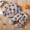 Halloween 2pcs Baby Boy/Girl Allover Pumpkin Print Long-sleeve Sweatshirt and Sweatpants Set Grey