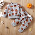 Halloween 2pcs Baby Boy/Girl Allover Pumpkin Print Long-sleeve Sweatshirt and Sweatpants Set Grey image 1