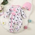 2pcs Baby Girl Allover Pink Floral Print Long-sleeve Bow Front Jumpsuit with Hat Set Pink image 1