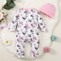 2pcs Baby Girl Allover Pink Floral Print Long-sleeve Bow Front Jumpsuit with Hat Set Pink image 2