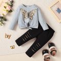 2pcs Baby Girl 95% Cotton Long-sleeve Butterfly Print Knot Front Top and Ripped Pants Set Grey image 1