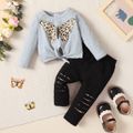 2pcs Baby Girl 95% Cotton Long-sleeve Butterfly Print Knot Front Top and Ripped Pants Set Grey image 3