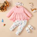 3pcs Baby Girl 95% Cotton Long-sleeve Ruffle Hem Top and Allover Animal Print Leggings with Headband Set Pink