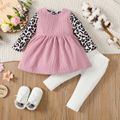 3pcs Baby Girl 95% Cotton Solid Pants and Leopard Long-sleeve Romper with Cat Embroidered Tank Dress Set Pink image 3