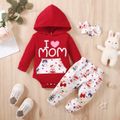 3pcs Baby Girl Letter Graphic Long-sleeve Hooded Romper and Allover Bear Print Pants with Headband Set Red image 3