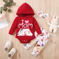 3pcs Baby Girl Letter Graphic Long-sleeve Hooded Romper and Allover Bear Print Pants with Headband Set Red image 1