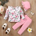 3pcs Baby Girl 95% Cotton Pink Pants and Allover Floral Print Ruffle Collar Puff-sleeve Top with Hat Set Pink image 1