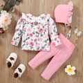 3pcs Baby Girl 95% Cotton Pink Pants and Allover Floral Print Ruffle Collar Puff-sleeve Top with Hat Set Pink image 2