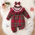2pcs Baby Girl Lace Spliced Red Plaid Frill Trim Mock Neck Long-sleeve Jumpsuit with Headband Set Red image 1