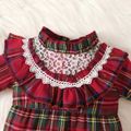 2pcs Baby Girl Lace Spliced Red Plaid Frill Trim Mock Neck Long-sleeve Jumpsuit with Headband Set Red image 5
