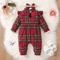 2pcs Baby Girl Lace Spliced Red Plaid Frill Trim Mock Neck Long-sleeve Jumpsuit with Headband Set Red image 2