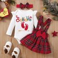 Christmas 3pcs Baby Girl 95% Cotton Ruffle Long-sleeve Graphic Romper and Red Plaid Suspender Skirt with Headband Set Red image 1